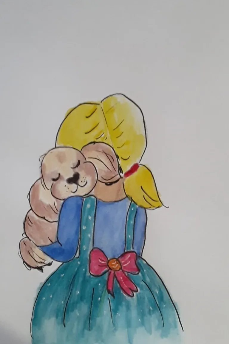 a drawing of a little girl holding a dog