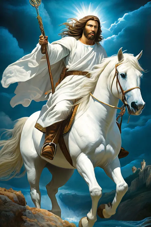 a painting of jesus riding a white horse