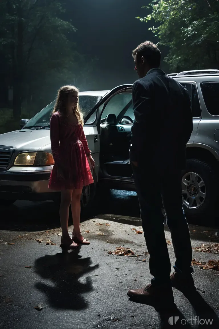 a man and a woman standing in front of a car