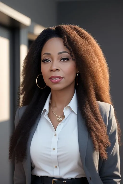 a woman with long hair wearing a white shirt and black pants smiling, walking and talking to her staff