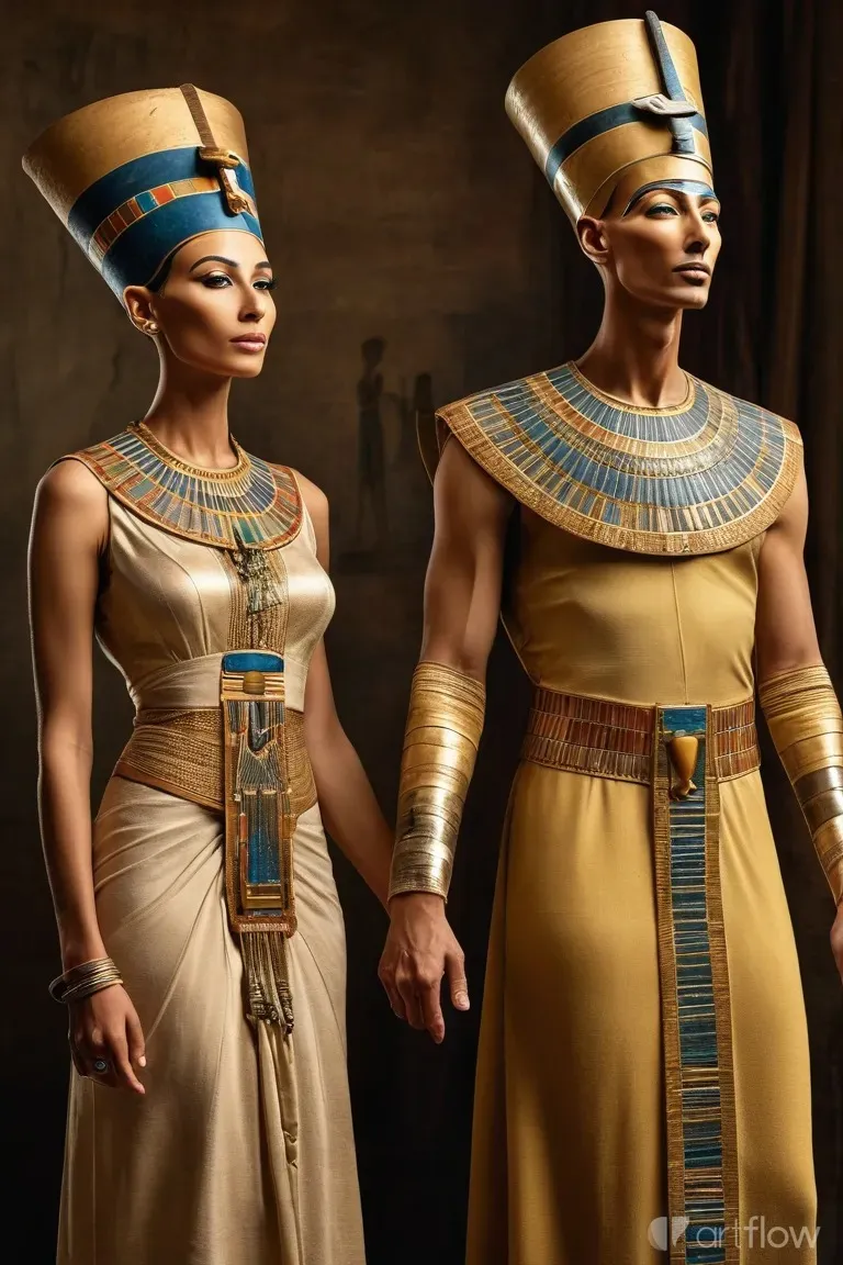 The dynamic and dramatic depiction of Queen Nefertiti of Ancient Egypt next to her husband Pharaoh Akhenaten, their regal robes and noble expressions attract the attention of all who witness it.