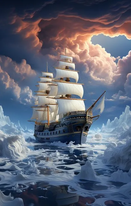 a painting of a sailing ship in the ocean