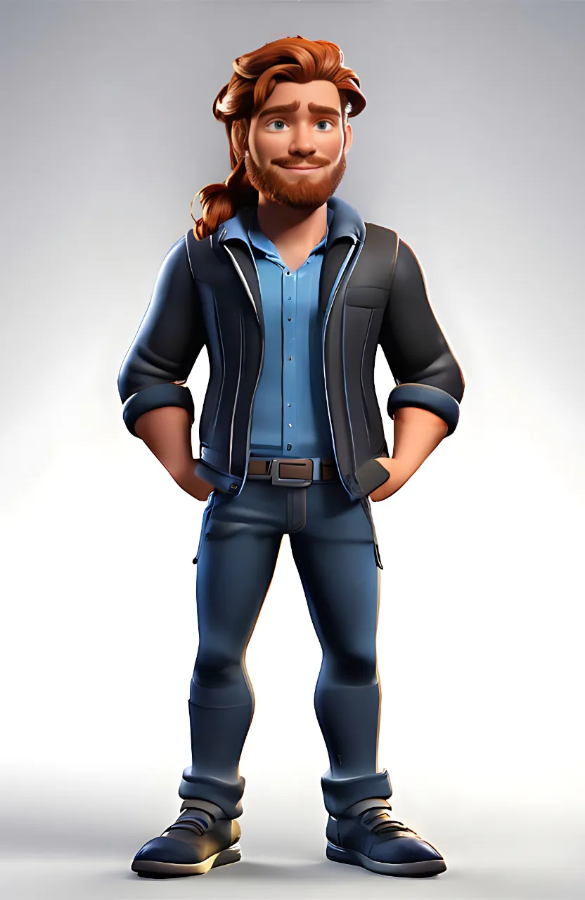 High quality and highly detailed Disney Pixar style portrait of a long haired European Ginger guy in his mid 30’s with long ginger hair in a bun and a trimmed beard, perfect symmetrical full body character 3D render, wearing a blue shirt with a black open sportsjacket and a blue denim jeans with black sketchers, intricate and detailed, studio lighting, , perfect composition, beautiful detailed intricate insanely detailed octane render trending on artstation, 8 k artistic photography, photorealistic concept art, soft natural volumetric cinematic perfect light, chiaroscuro, award - winning photograph, masterpiece, oil on canvas, raphael, caravaggio, greg rutkowski, beeple, beksinski, giger