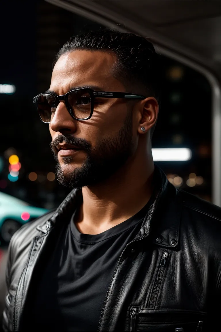 a man in a black shirt and black glasses