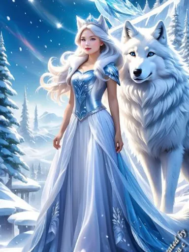 a woman in a blue dress standing next to a wolf