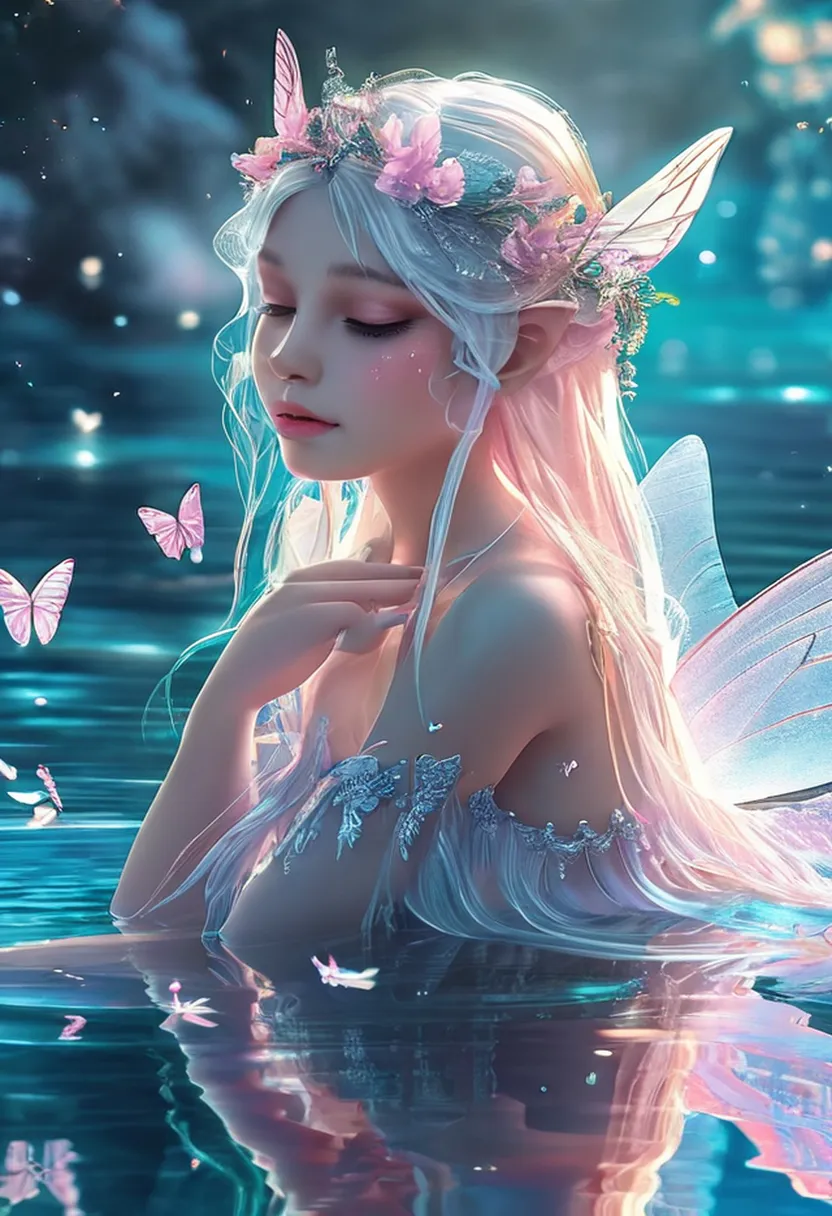 a beautiful fairy sitting on top of a body of water