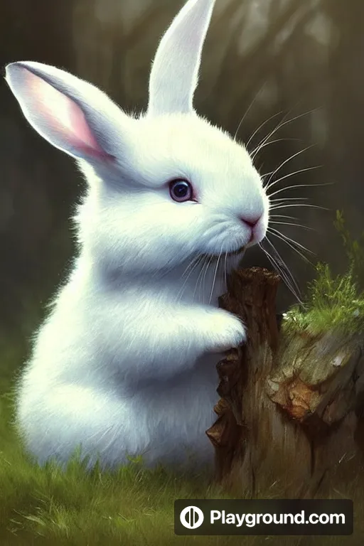 a white rabbit sitting on top of a tree stump