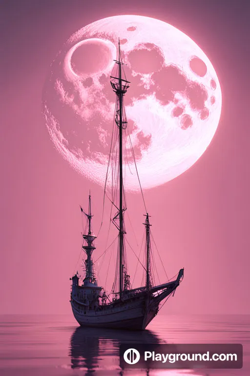 a boat floating on top of a body of water under a pink moon