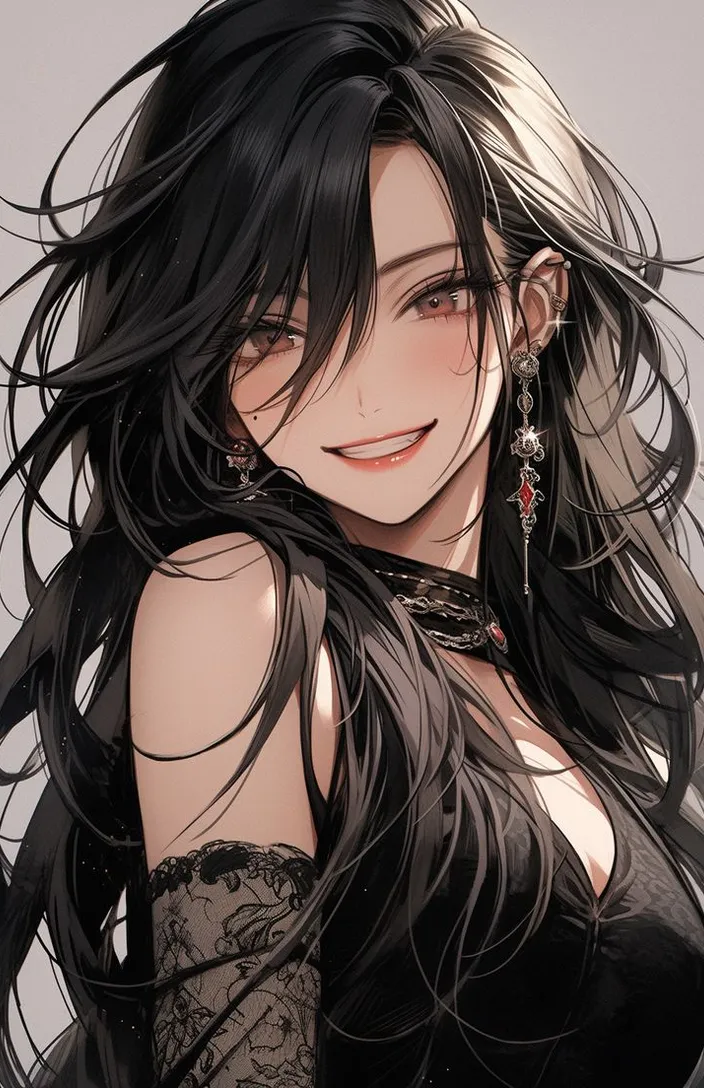 a woman with long black hair wearing a black dress