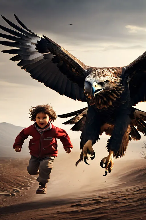 a young boy running with an eagle on his arm