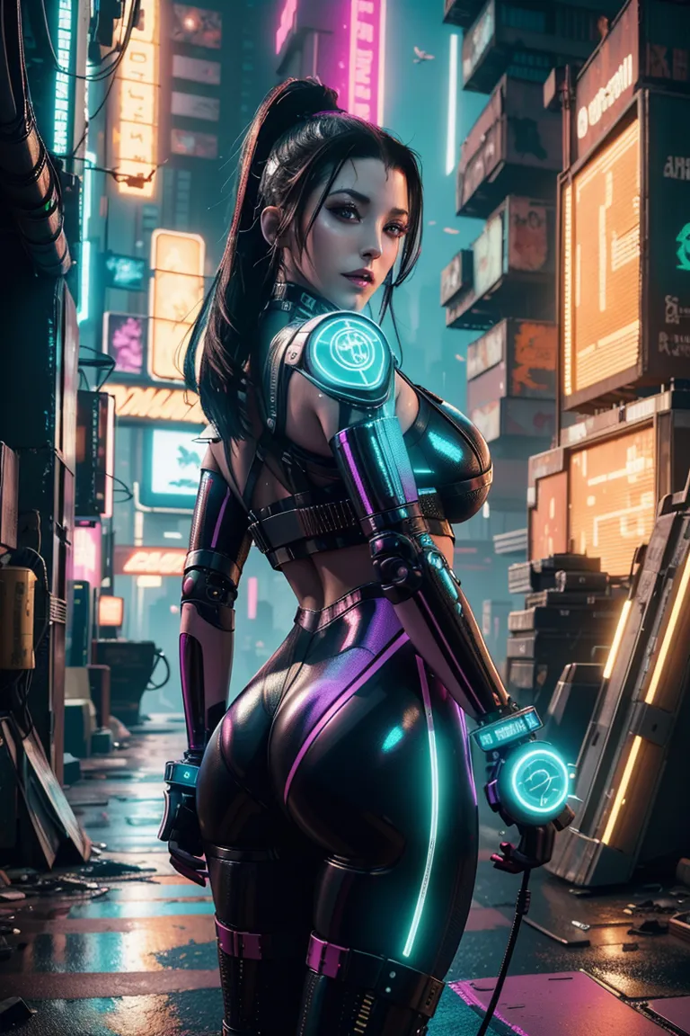 a woman in a futuristic suit standing on a city street