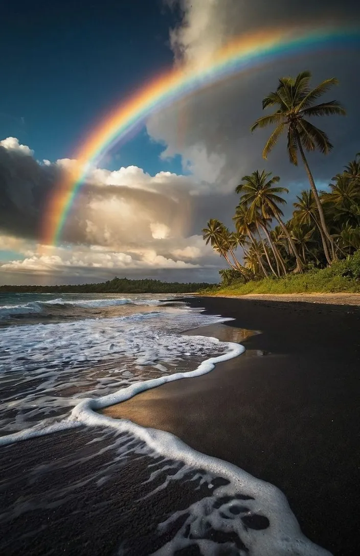 a rainbow over a beach with palm trees