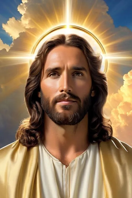 a painting of jesus with clouds in the background