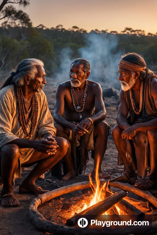 a group of men sitting around a fire pit