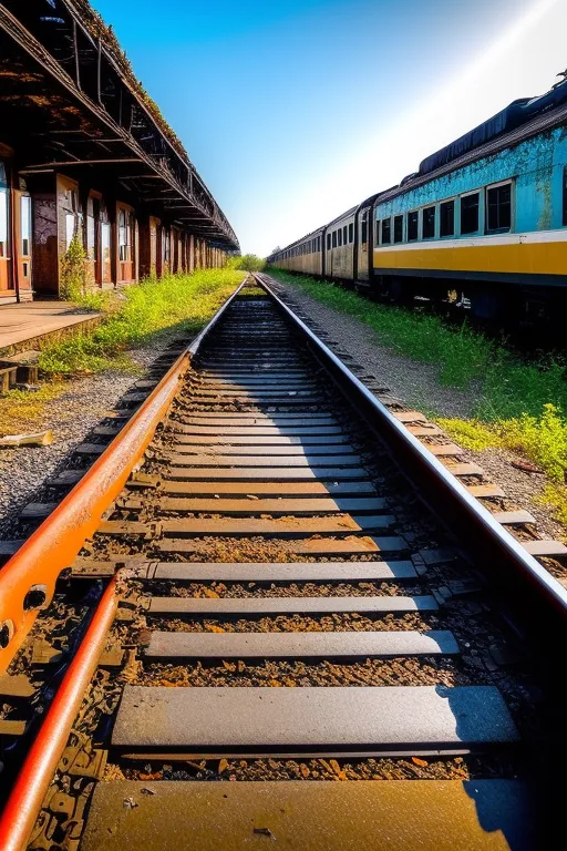 a long train on a steel track next to a rusty old station ; trash on the tracks 