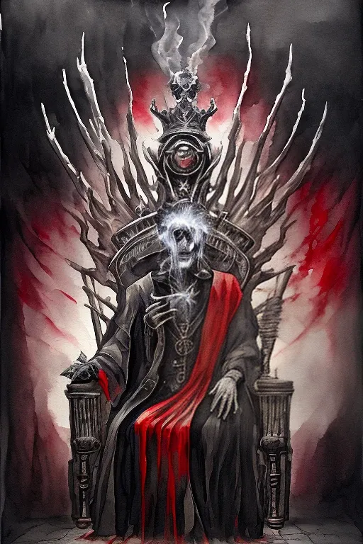 a drawing of a skeleton sitting on a throne