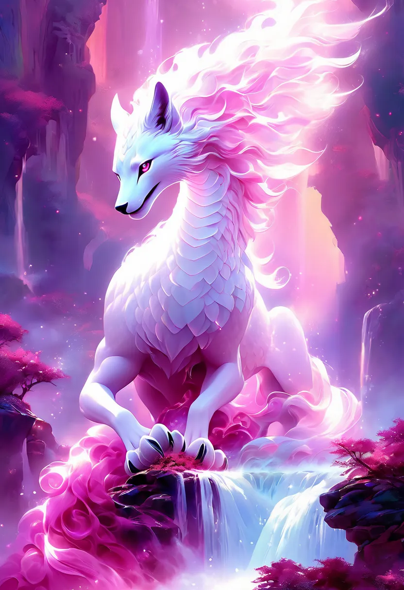 a white dragon sitting on top of a waterfall