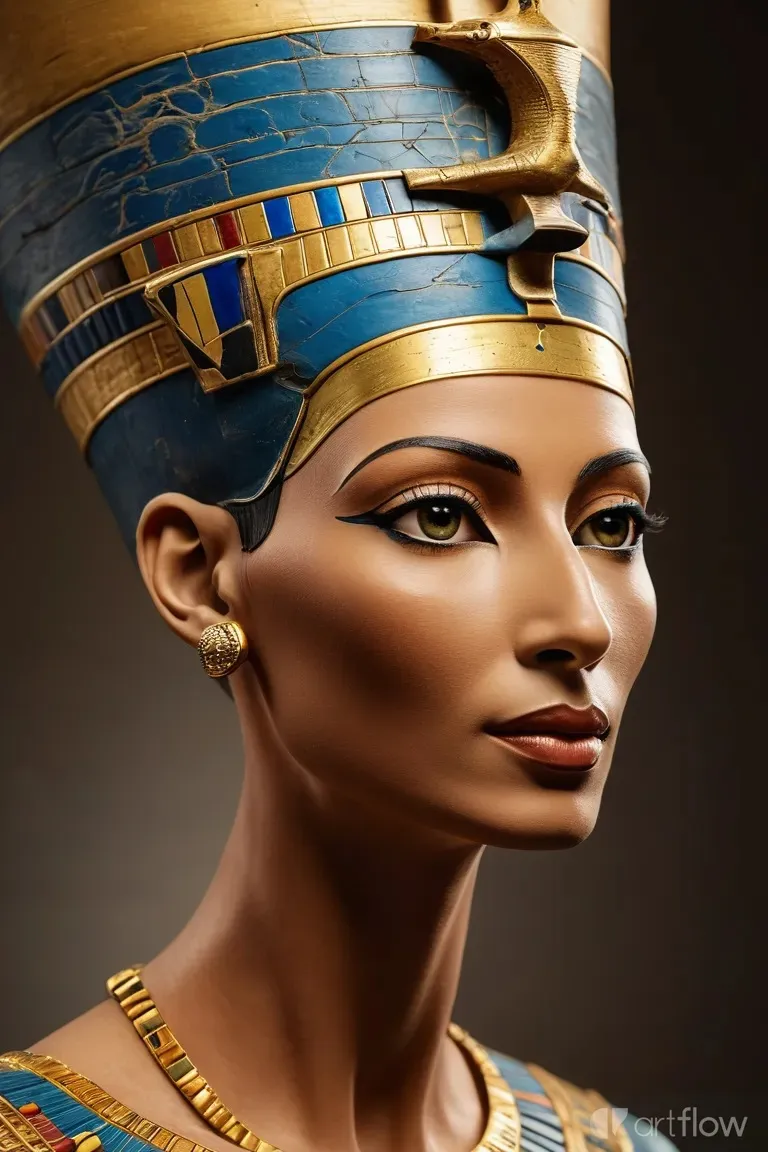 a statue of an egyptian woman wearing a gold and blue headpiece