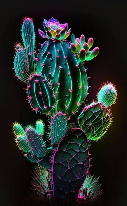 a group of cactus plants lit up in the dark