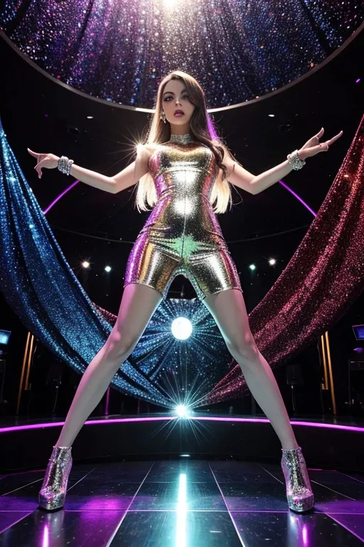 a woman in a gold and silver outfit on a stage