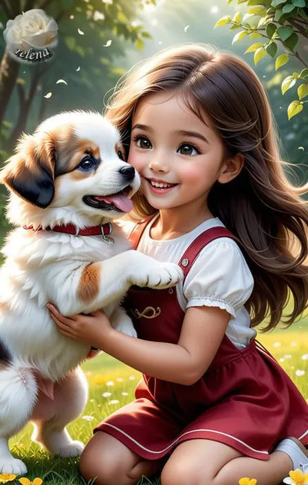 a little girl holding a puppy in a field