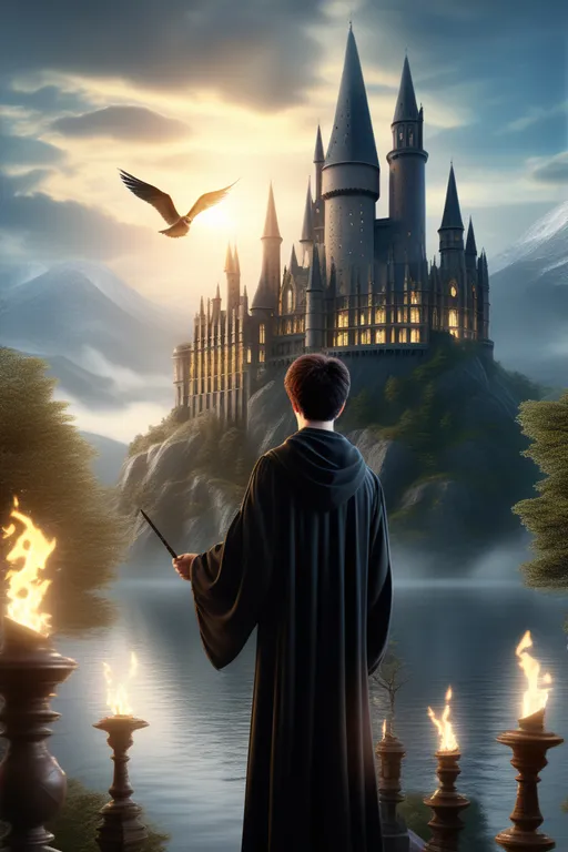 a man with a wand standing in front of a castle