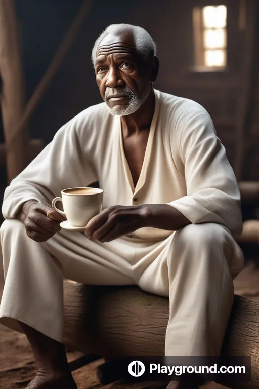 a man sitting on a bench holding a cup of coffee