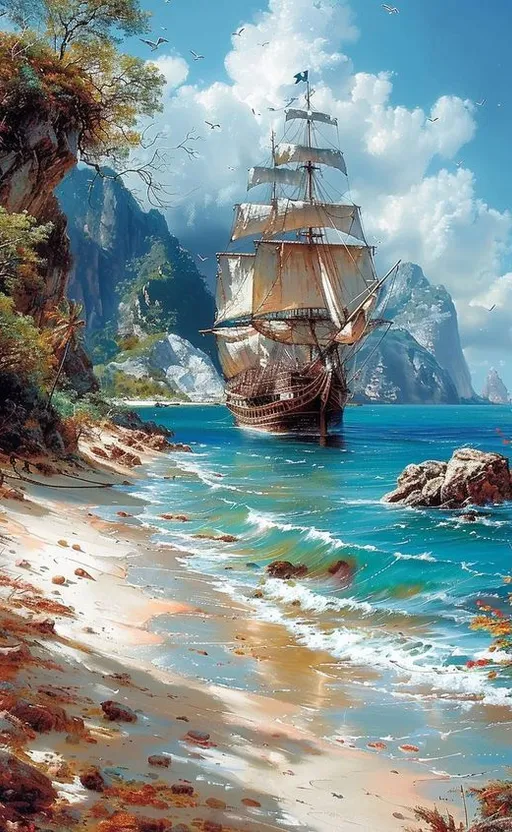 a painting of a ship in the ocean