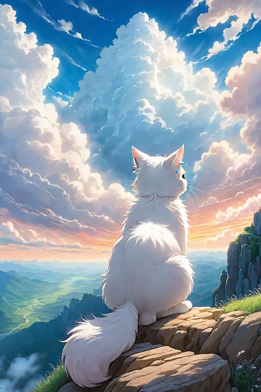 a white cat sitting on top of a cliff