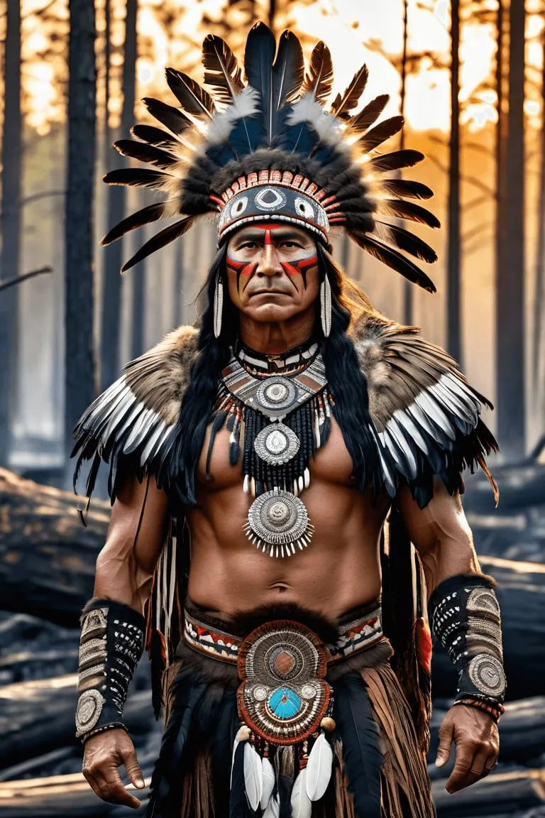 a native american indian standing in a forest