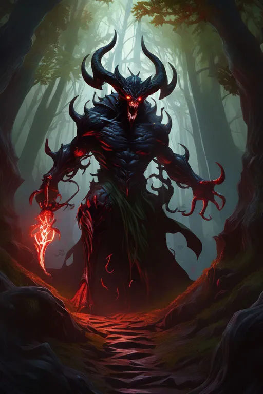 a demonic demon standing in the middle of a forest