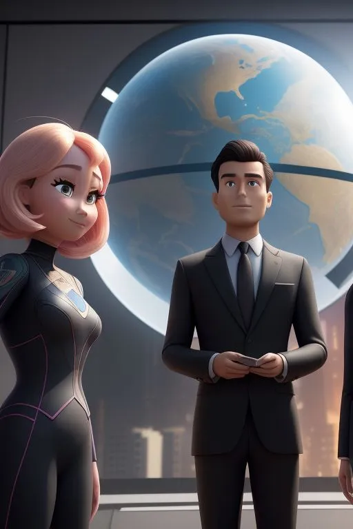 a man in a suit standing next to two women tv station on Mars during the year 3485, 2 journalists talking beautiful blonde 26 year old woman with bleu dress and an asian man dress in suit matching her dress with a picture of army general of martian army