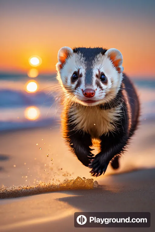 a ferret running on the beach at sunset