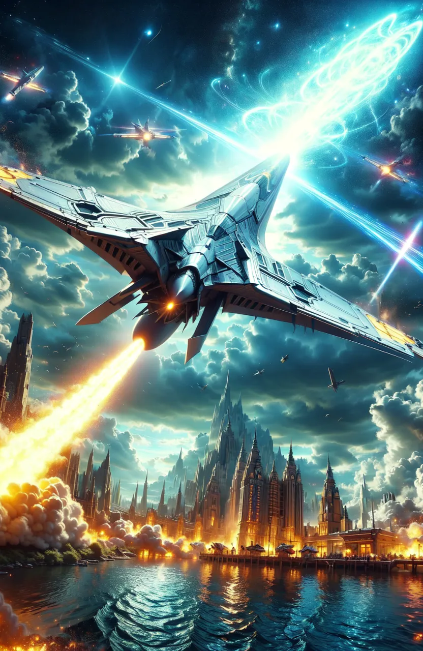 a sci - fi fighter jet flying over a city at night firing a plasma cannon