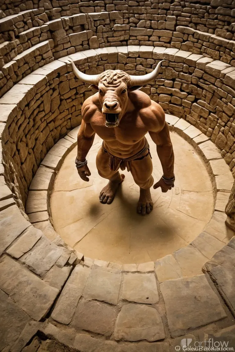 a statue of a bull in a stone pit