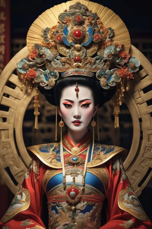 a geisha doll wearing a red and blue outfit