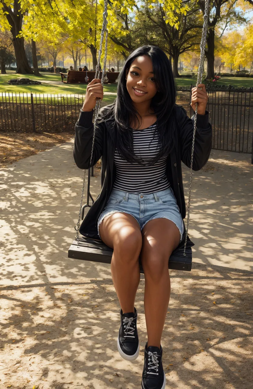 a woman sitting on a swing in a park