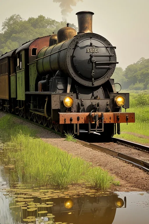 a rusty train  down the  train tracks next to a body of water; trash on the tracks 