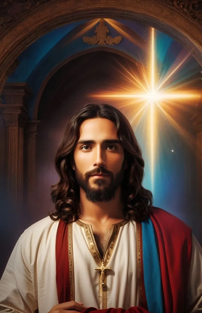 a painting of jesus with a cross in the background