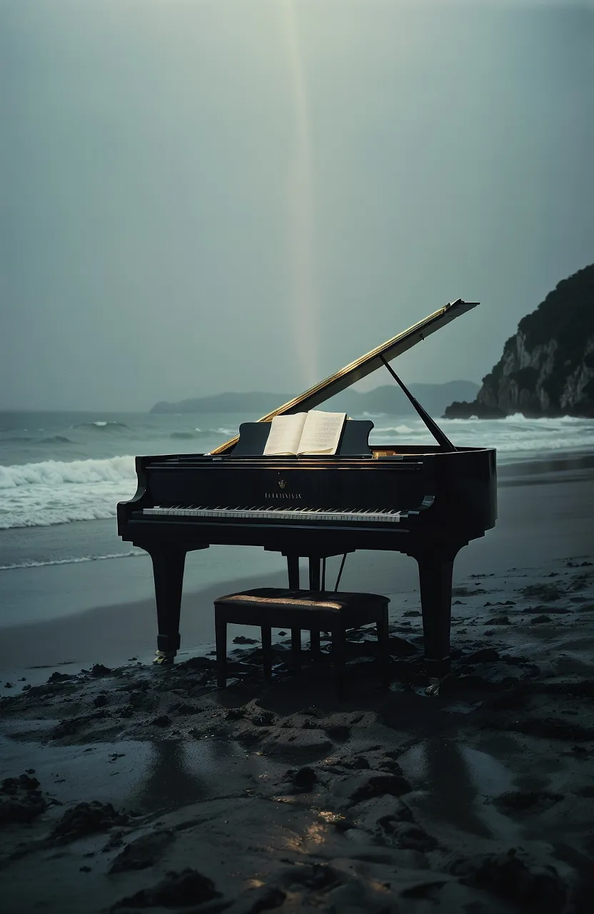 a piano sitting on top of a sandy beach