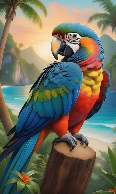 a colorful parrot sitting on top of a tree stump