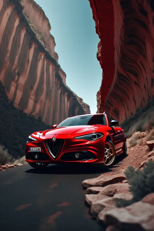 Low angle view, red Alfa Romeo Giulia station wagon half sideways on the edge of a canyon breathtaking, panoramic, ray tracing, cinematic, professional photo