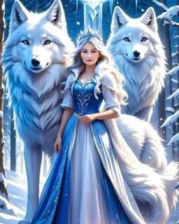 a woman in a blue dress standing next to two white wolfs