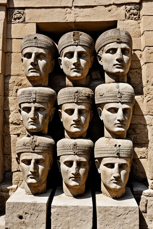 a large group of heads on a wall