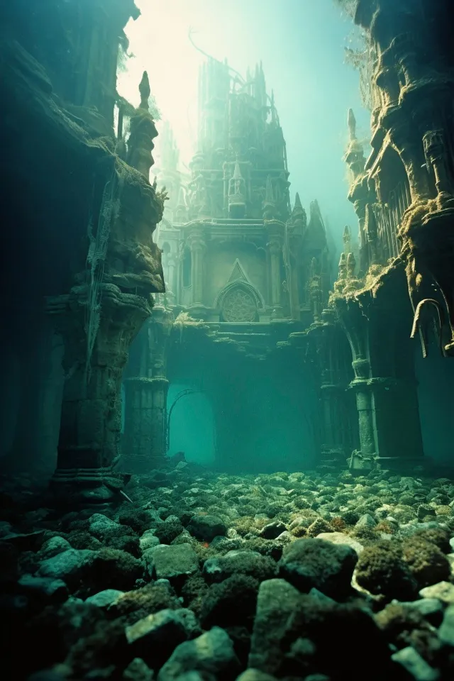 an underwater scene of a castle in the middle of the ocean