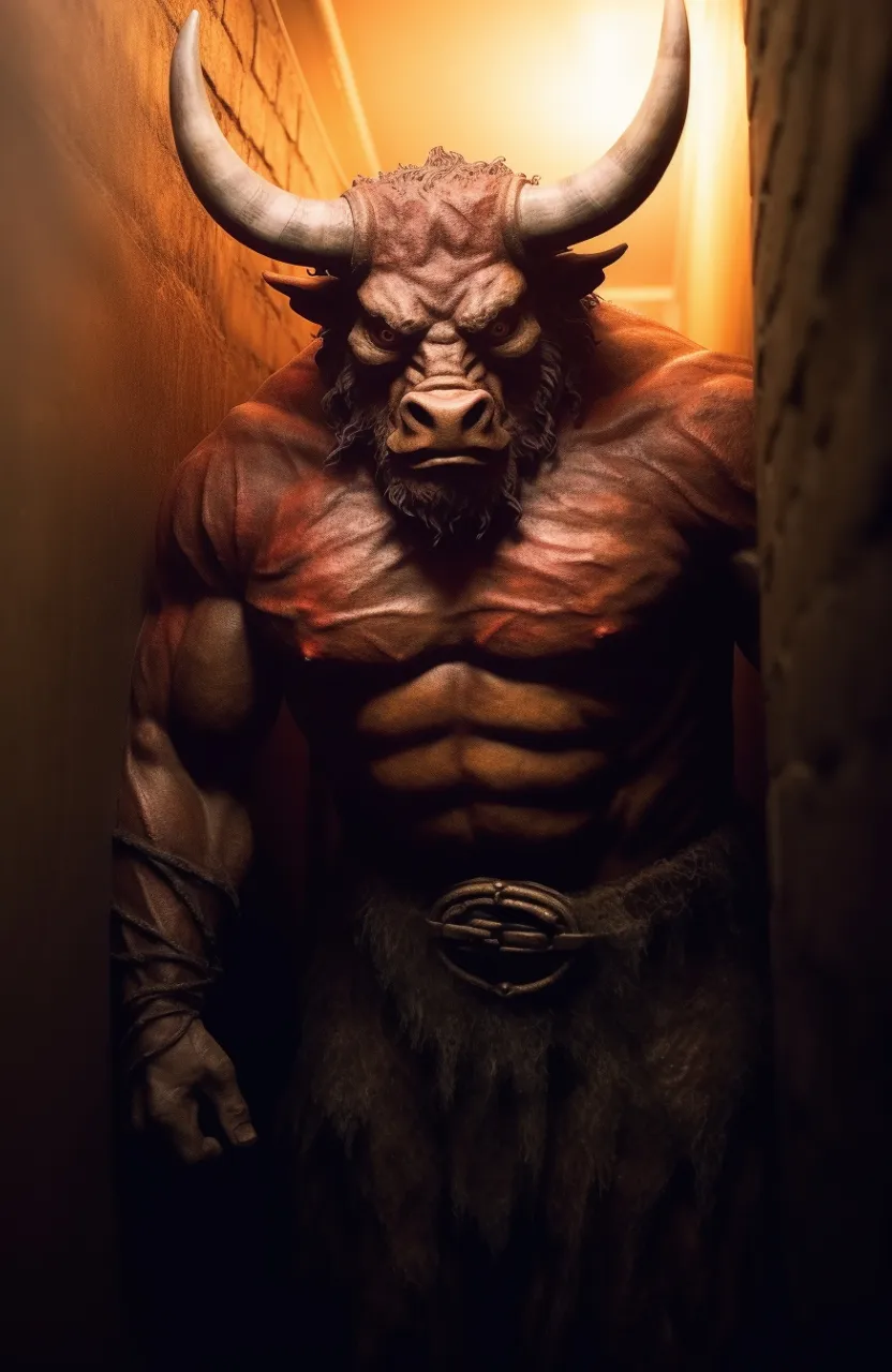 strong minotaur gladiator walking towards in hallway