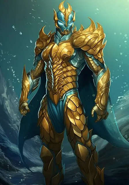 a man in armor standing in the water