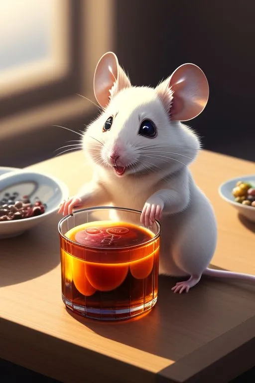 a mouse sitting on a table next to a glass of liquid