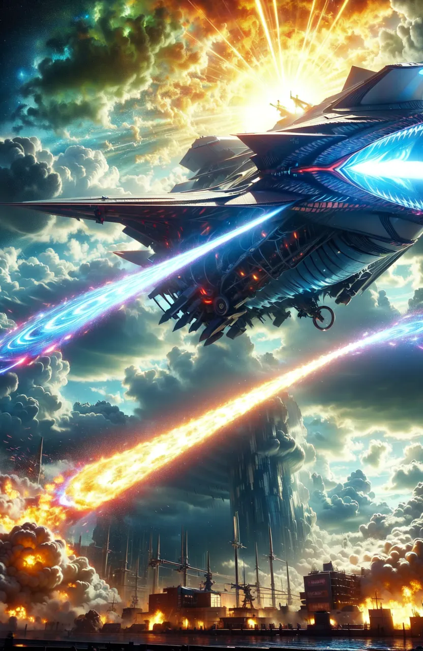 a spaceship flying over a city and using plasma lasers to destroying buildings 