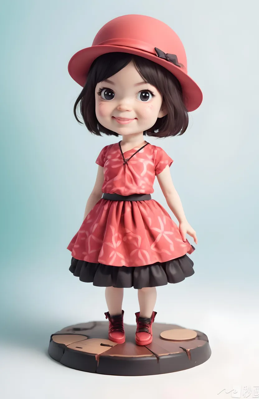 a little girl with a red hat and dress